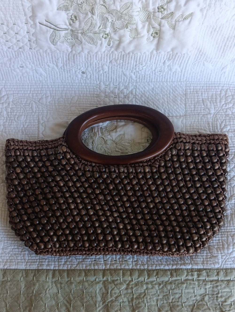 Ann Taylor Loft Wooden Bead Bag. 13"W X 9 1/2"H - Picture 1 of 4